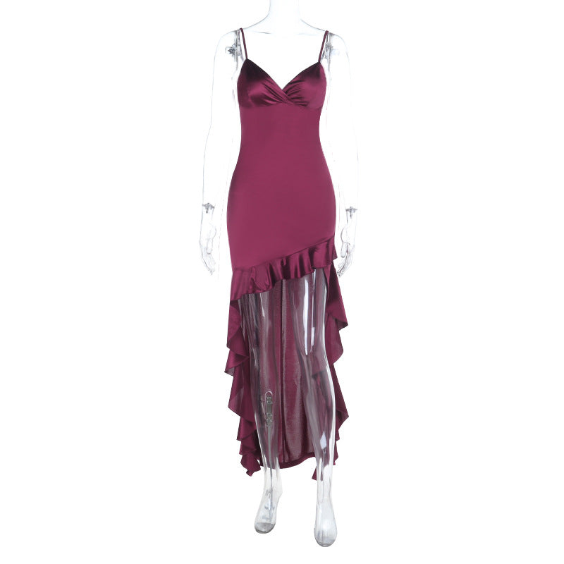 Damen elegantes Maxi-Jersey-Kleid mit asymmetrischem Rüschensaum und schmalen Trägern Echo Archiv