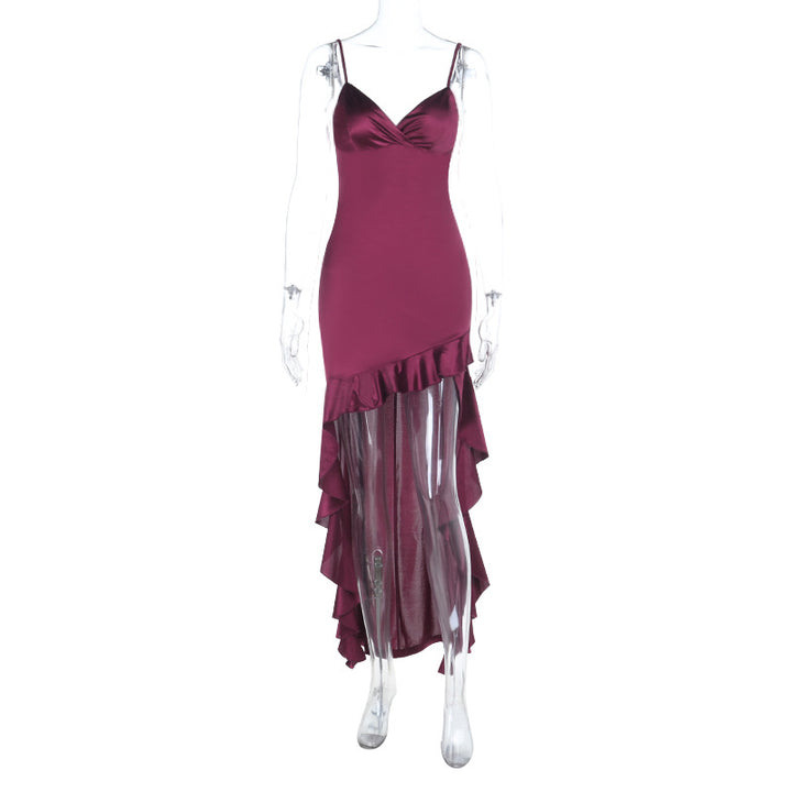 Damen elegantes Maxi-Jersey-Kleid mit asymmetrischem Rüschensaum und schmalen Trägern Echo Archiv