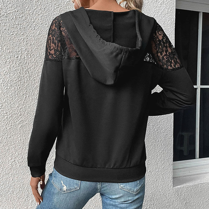 Damen Hoodie mit V-Ausschnitt, Spitzen-Schulterbesatz und Kängurutasche Echoarchiv