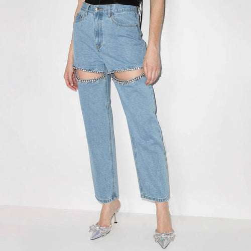 Damen Jeans mit dekorativen Cut-Outs und Strassverzierungen – Dénora