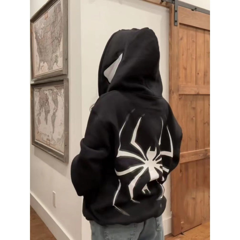 Unisex Kapuzenpullover mit kontrastiertem Spinnenmotiv Rückendruck und Ohrenkapuze – Auréline