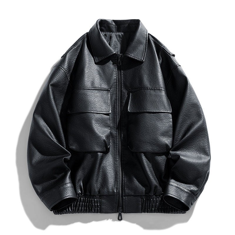 Herren lässige Kunstlederjacke mit praktischen Taschen und elastischem Bund Echoarchiv