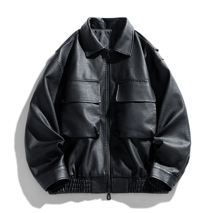 Herren lässige Kunstlederjacke mit praktischen Taschen und elastischem Bund Echoarchiv