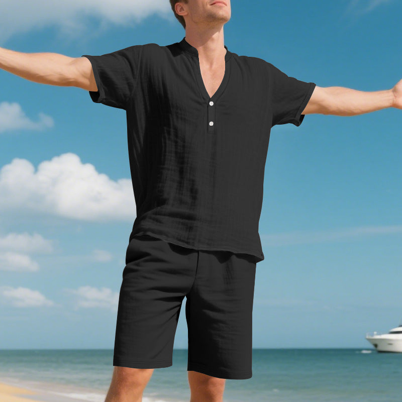 Herren lässiges Leinen-T-Shirt mit kurzer Knopfleiste und passenden Shorts Echoarchiv