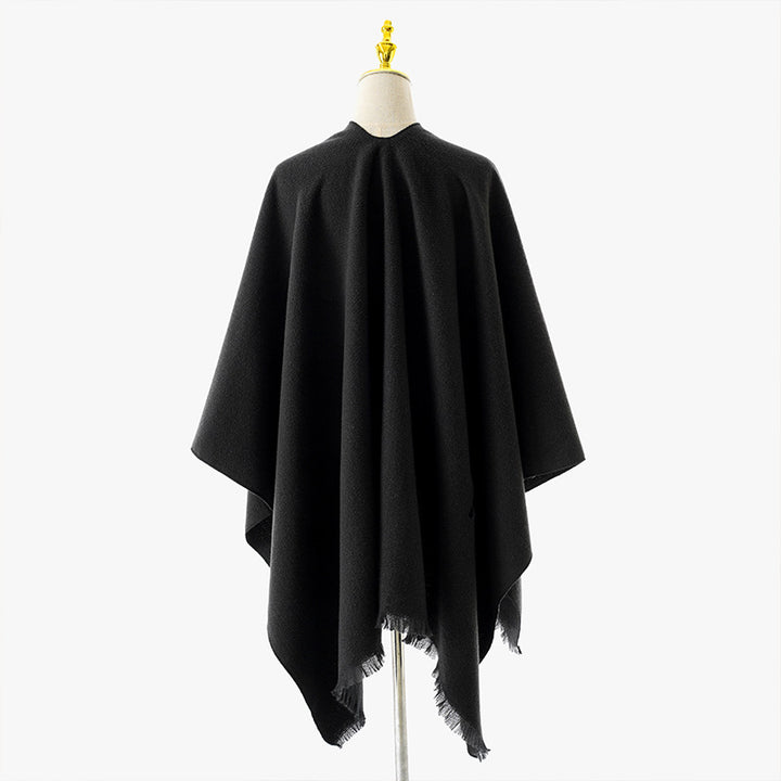 Damen Wickelponcho mit Bindegürtel, V-Ausschnitt und Fransensaum – Avérine