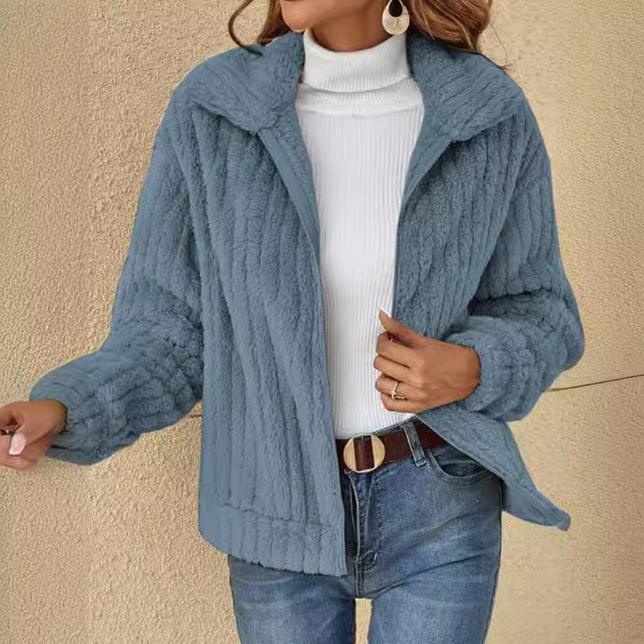 Damen nan kuschelige Teddyjacke mit durchgehendem Reißverschluss, Stehkragen und Eingrifftaschen Echo Archiv