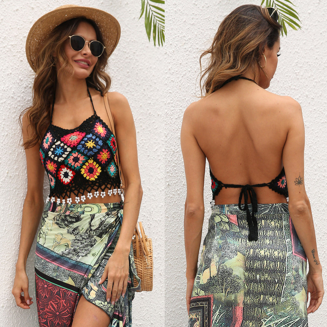 Damen gehäkeltes Crop-Top mit buntem Blumenmuster Echo Archiv