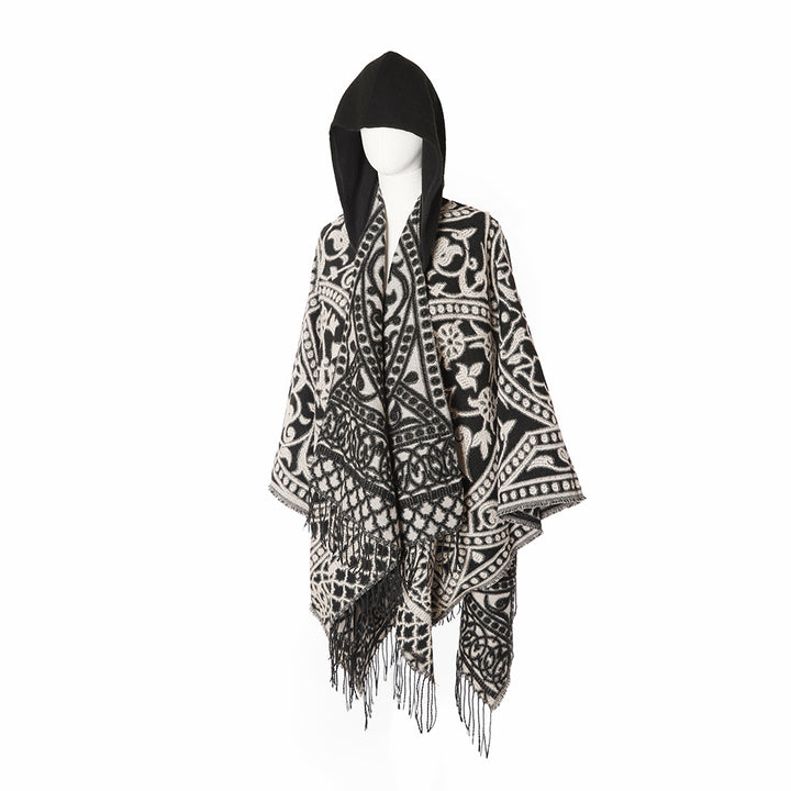 Damen Kapuzen-Ruana aus Wollmix mit Ornament-Jacquard und Fransen – Avérine