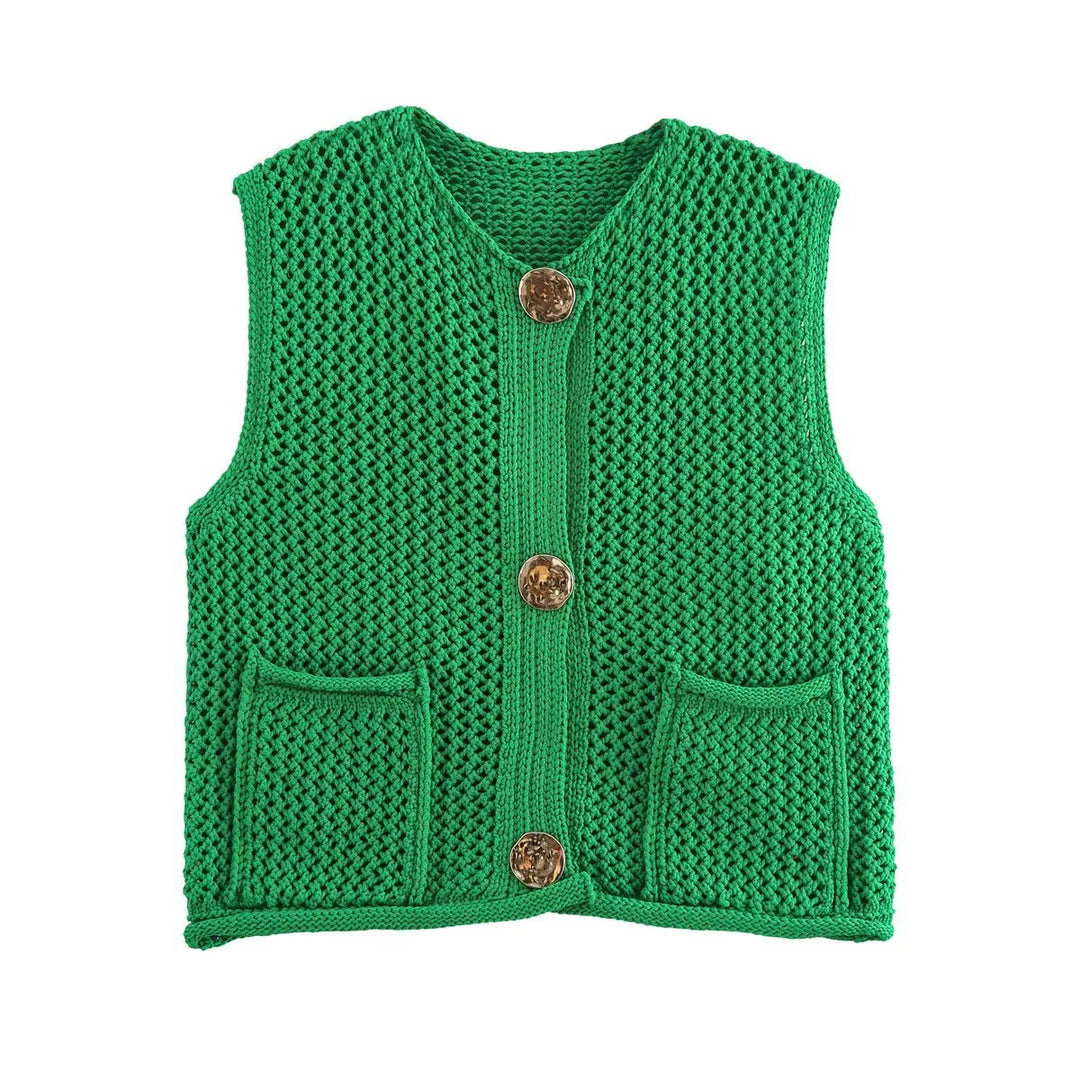Damen gehäkelte Strickweste mit großen Zierknöpfen und Aufsatztaschen – Veloura