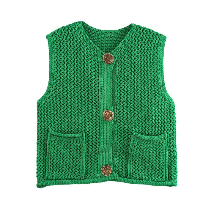 Damen gehäkelte Strickweste mit großen Zierknöpfen und Aufsatztaschen – Veloura