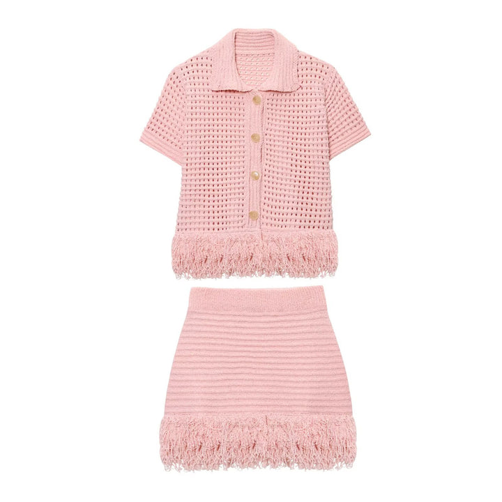 Damen Kurzarm-Strickjacke mit fransigem Saum und dekorativen Knöpfen Echo Archiv