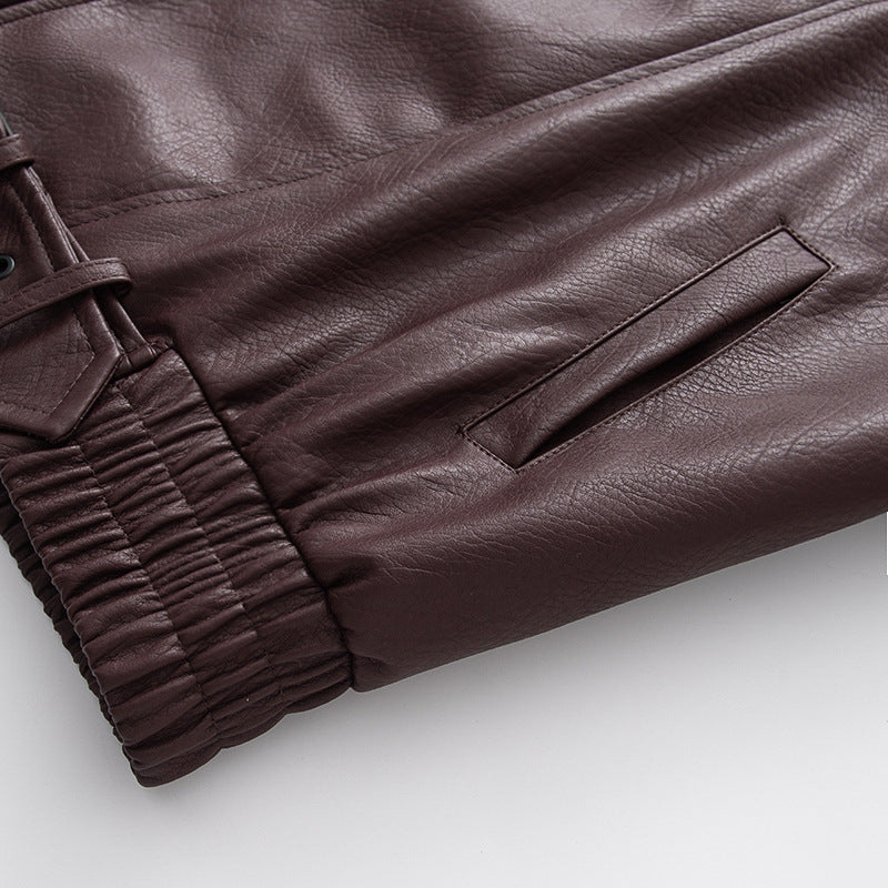 Damen oversized Biker-Blouson aus veganer Lederoptik mit asymmetrischem Reißverschluss, breitem Schalkragen und taillenbetonendem Gürtel – Célinea