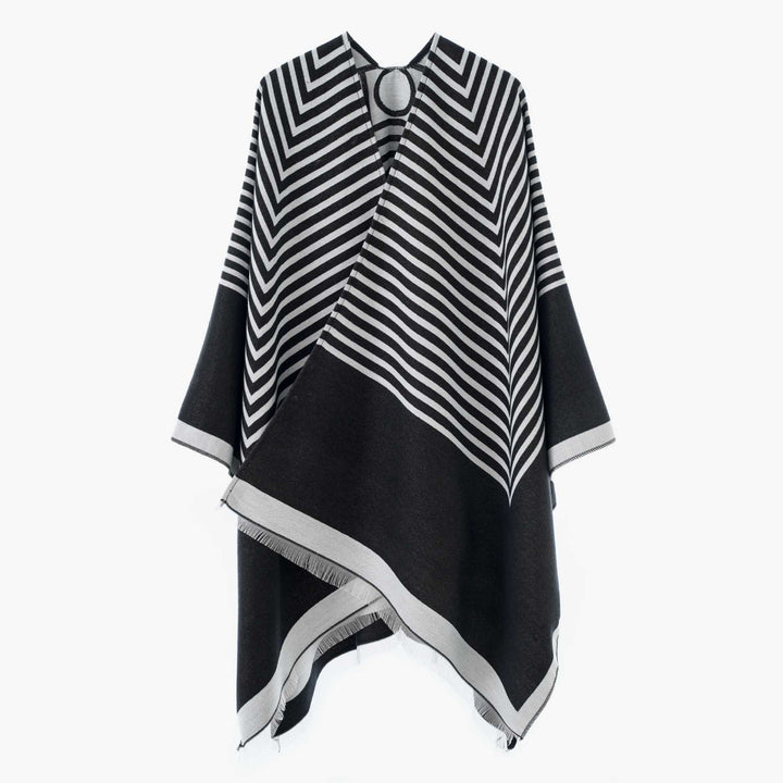 Damen Chevron‑Jacquard Capeponcho mit weitem Fall und Fransen – Avérine