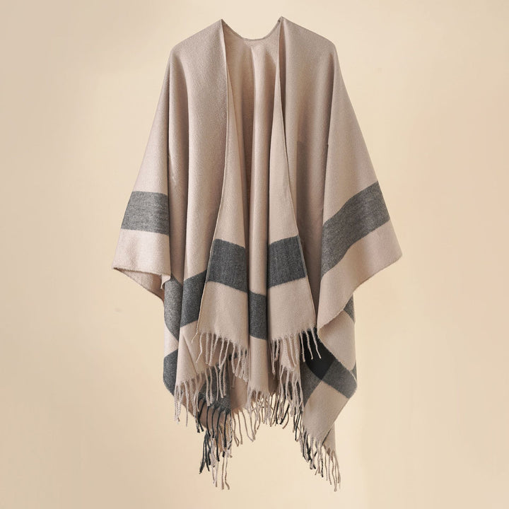 Damen Weit geschnittener Karierter Poncho mit Fransen und V‑Ausschnitt – Avérine