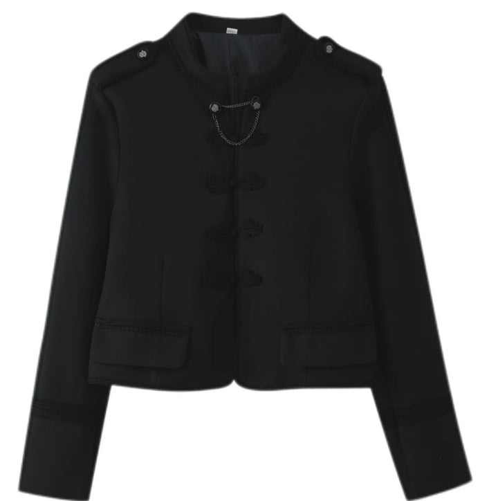 Damen 300+ taillierte Cropped‑Militärblazerjacke mit Stehkragen, Schulterpatten und dekorativen Froschverschlüssen Echo Archiv