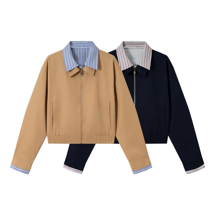 Damen Kurzblouson mit kontrastierendem Hemdkragen, verdecktem Reißverschluss und elastischem Saum Echoarchiv