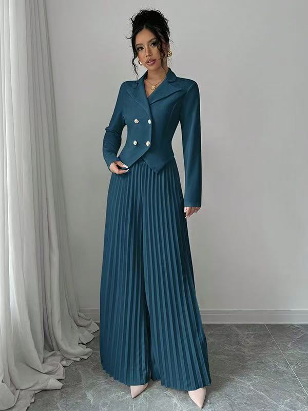Damen Taillierter Doppelreihiger Blazer und plissierte Palazzo-Hose – Valéne