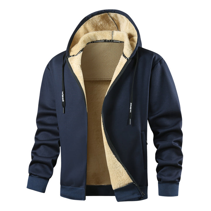 Herren Kapuzen-Sweatjacke mit wärmender Teddy-Innenfütterung, Zwei-Wege-Reißverschluss & gerippten Bündchen Echoarchiv