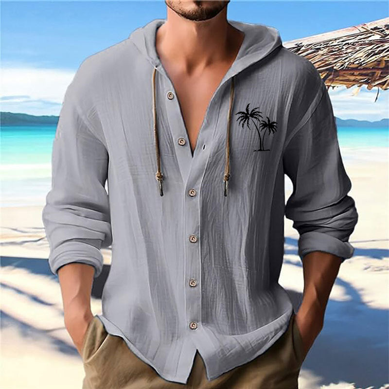 Herren lässiges Kapuzenshirt mit dekorativem Palmendruck und Knopfleiste Echoarchiv