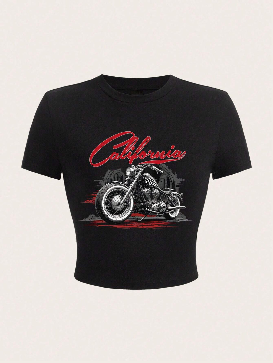 Damen Crop-T-Shirt mit kreativem Motorrad-Design und urbanem California-Aufdruck Echo Archiv