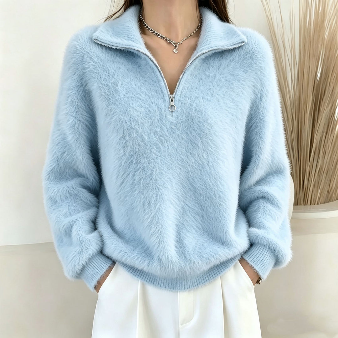 Damen Flauschiger Halbzipp-Pullover mit Stehkragen – Mavelle