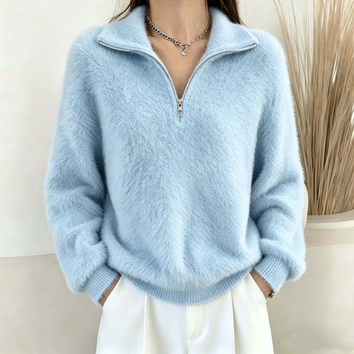 Damen Flauschiger Halbzipp-Pullover mit Stehkragen – Mavelle
