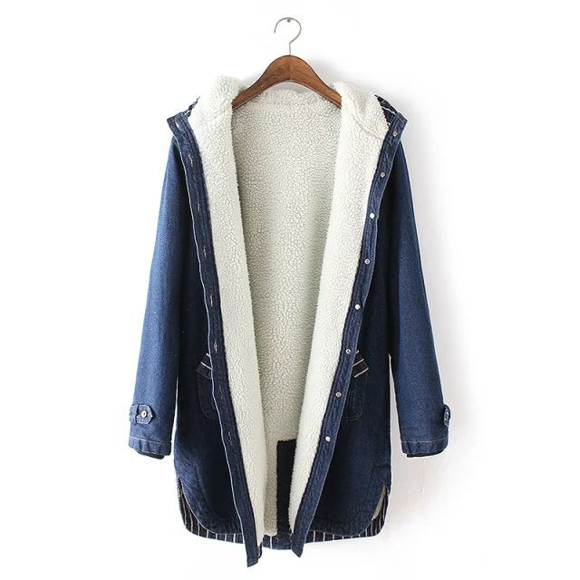 Damen nan gefütterter Denim Parka mit Teddyfutter, Kapuze und aufgesetzten Taschen Echo Archiv