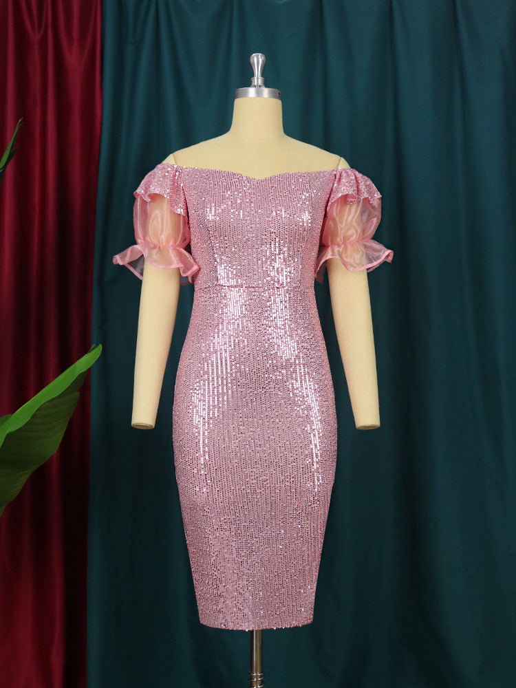Damen glamouröses Abendkleid mit Glitzer und transparenten Puffärmeln Echo Archiv