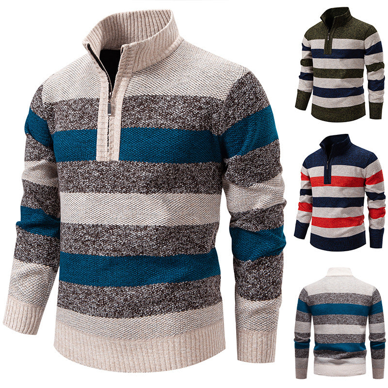 Herren modischer Strickpullover mit halbhohem Kragen und kontrastierenden Streifen Echoarchiv