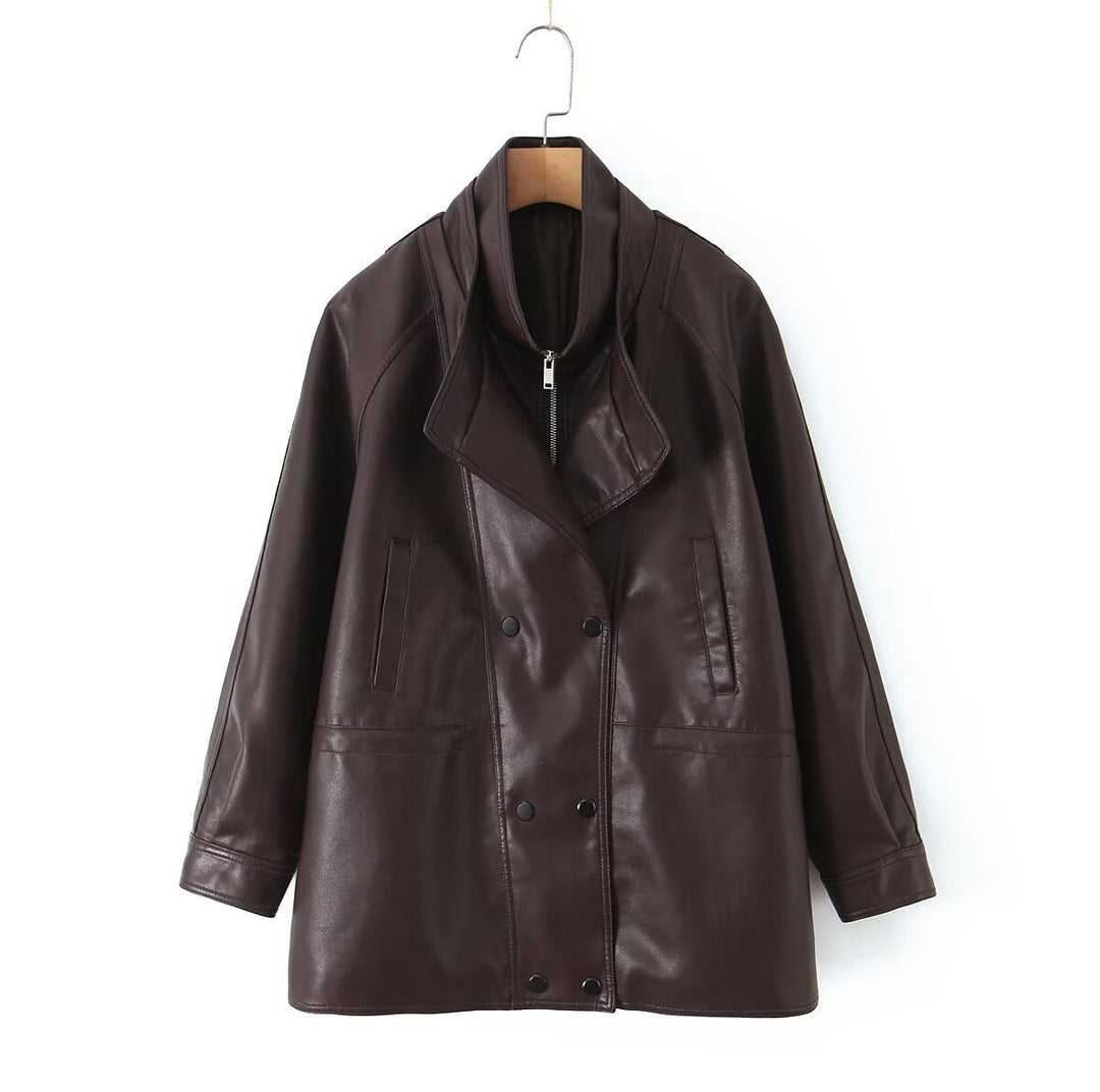 Damen Oversized Kunstlederjacke mit hohem Stehkragen und doppelreihiger Knopfleiste Echo Archiv