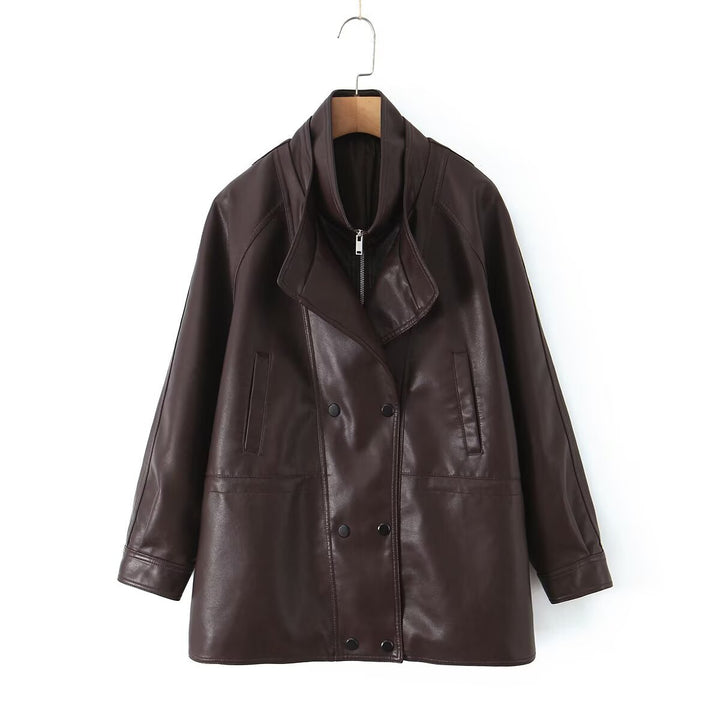 Damen Oversized Kunstlederjacke mit hohem Stehkragen und doppelreihiger Knopfleiste Echo Archiv