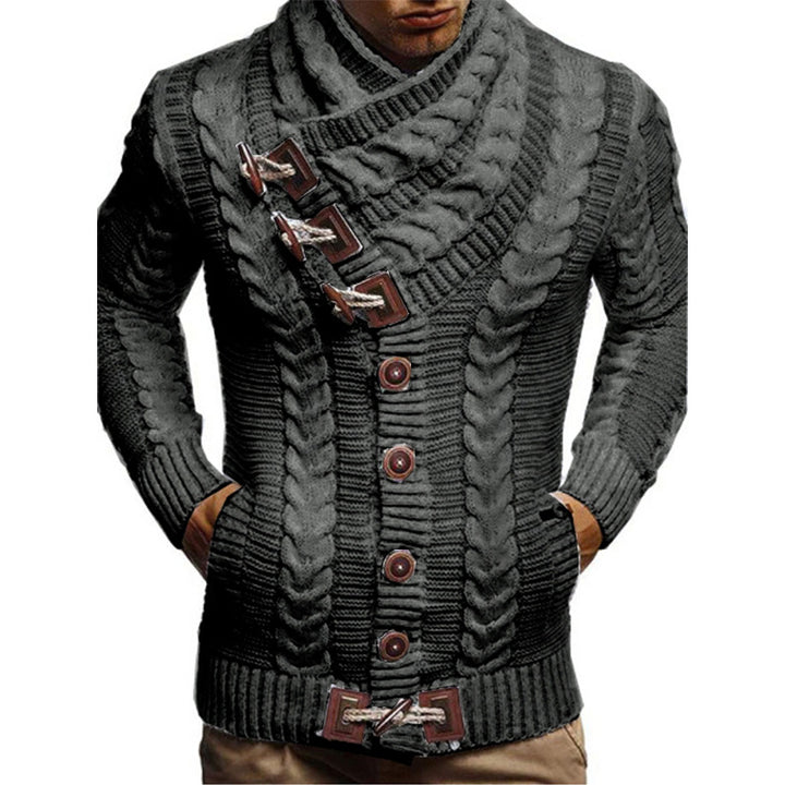 Herren Grobstrickjacke mit kreativem Schalkragen und Knopfdetails Echoarchiv