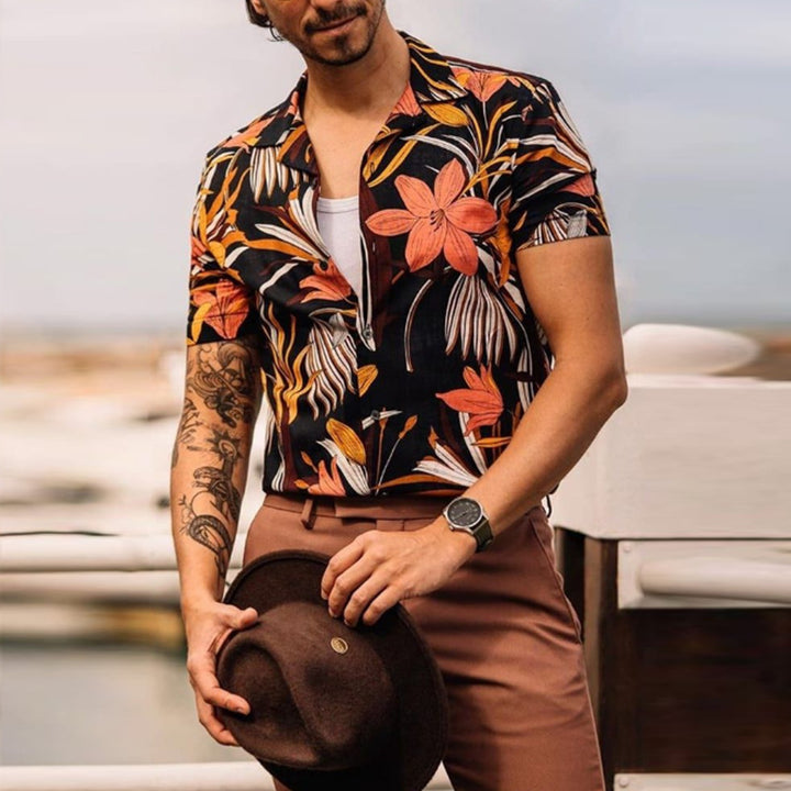 Herren Kurzarm-Hemd mit floralen Mustern und modischem Kragen Echoarchiv