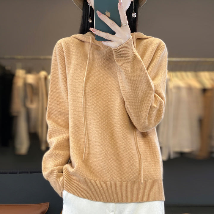 Damen weicher Feinstrick‑Kapuzensweater mit melierter Struktur und gerippten Bündchen Echoarchiv