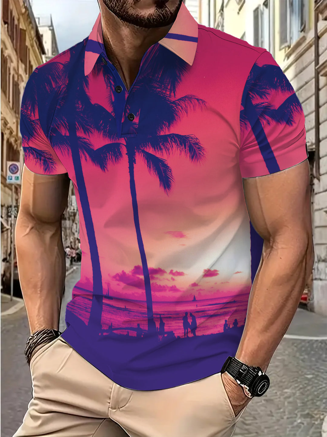 Herren Polohemd mit tropischem Grafikdruck und modernem Schnitt Echoarchiv