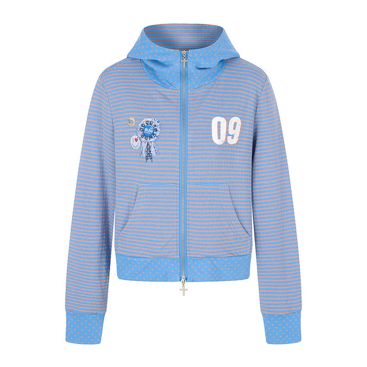 Damen Kurze Kapuzen‑Sweatjacke im Streifenmix mit durchgehendem Reißverschluss und Plaketten‑Applikation Echoarchiv