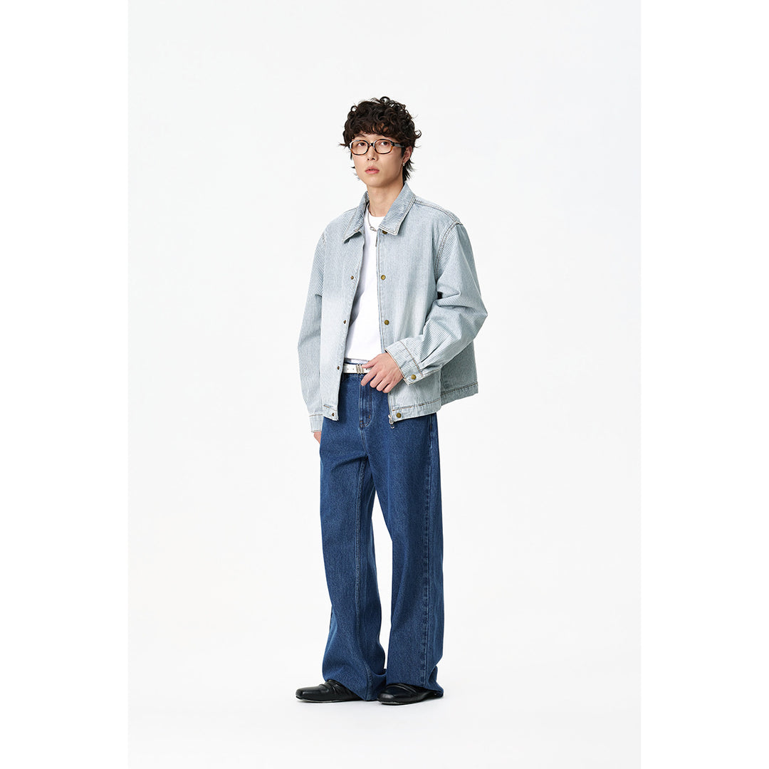 Unisex Gestreifte Oversize-Denimjacke im Worker-Stil mit Stehkragen und Zwei-Wege-Reißverschluss Echoarchiv