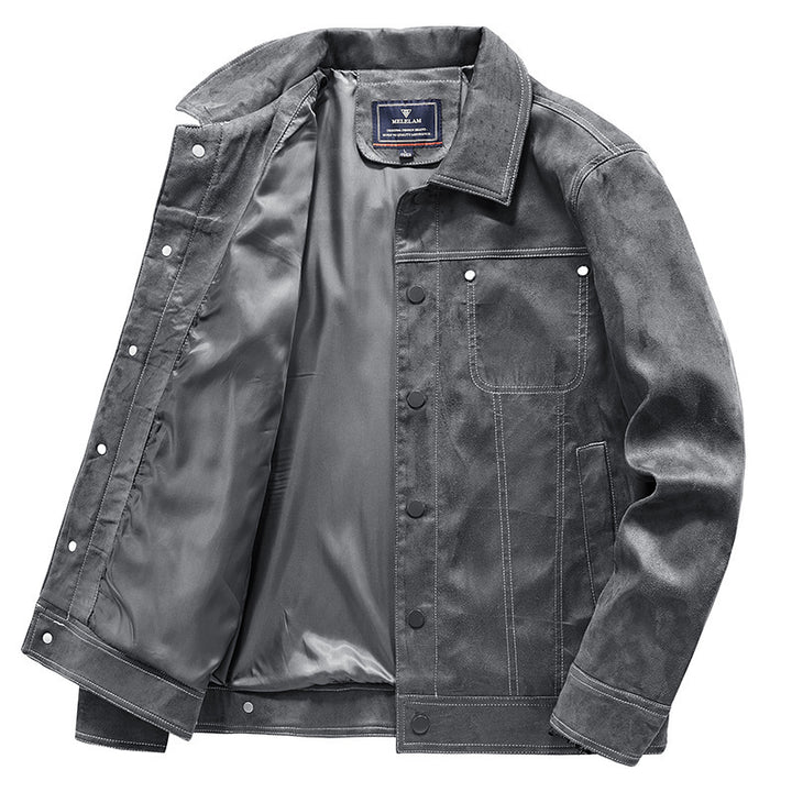 Herren Wildleder-Truckerjacke mit Druckknöpfen und Kontrastnähten Echo Archiv