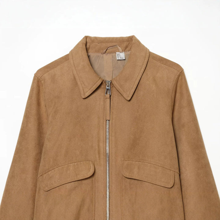 Damen Kurzer Veloursleder‑Blouson im Boxy‑Schnitt mit Hemdkragen, Klappentaschen und breitem Rippbund Echo Archiv