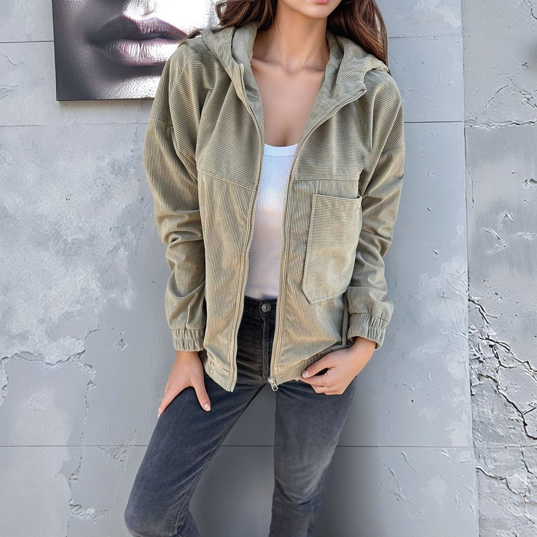Damen lässige Cordjacke im modernen Stil mit Reißverschluss und praktischem Kragen Echoarchiv