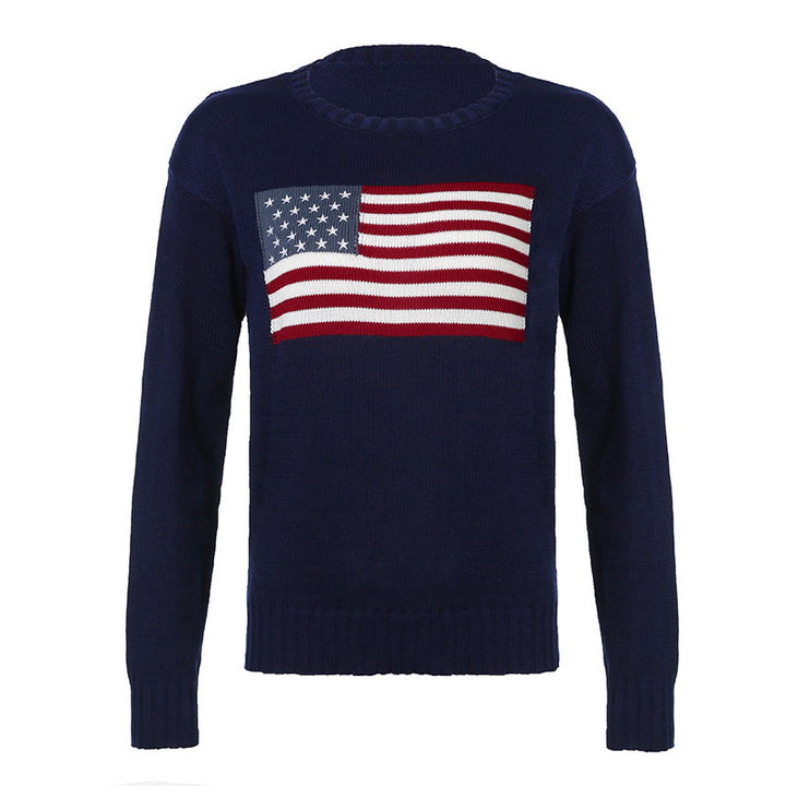 Damen Kuscheliger Baumwollmix-Strickpullover mit Rundhals und eingestrickter Flaggenapplikation Echo Archiv