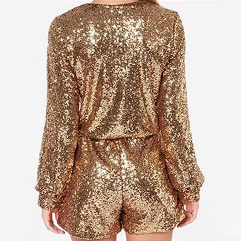 Echoarchiv Damen Kurzer Pailletten-Jumpsuit Langarm mit V-Ausschnitt