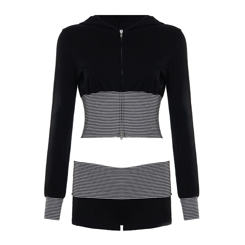 Damen nan kurz geschnittenes Lounge-Set mit Kapuzen-Cropped-Zip und gestreiften Highwaist-Shorts Echo Archiv