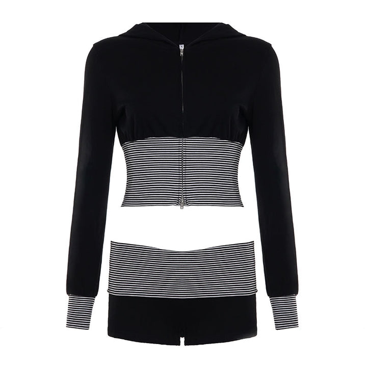 Damen nan kurz geschnittenes Lounge-Set mit Kapuzen-Cropped-Zip und gestreiften Highwaist-Shorts Echo Archiv