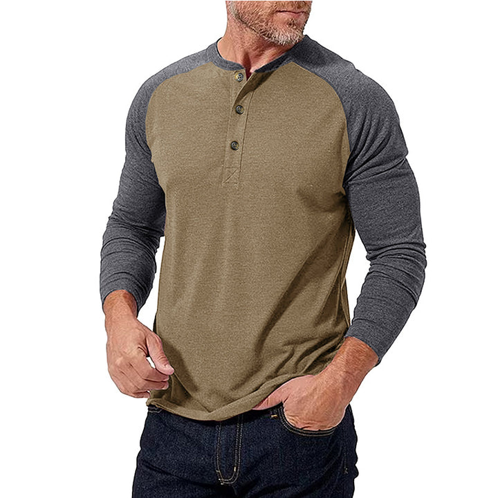 Herren Langarm-Henley Shirt mit kontrastierenden Ärmeln und praktischen Knöpfen Echoarchiv