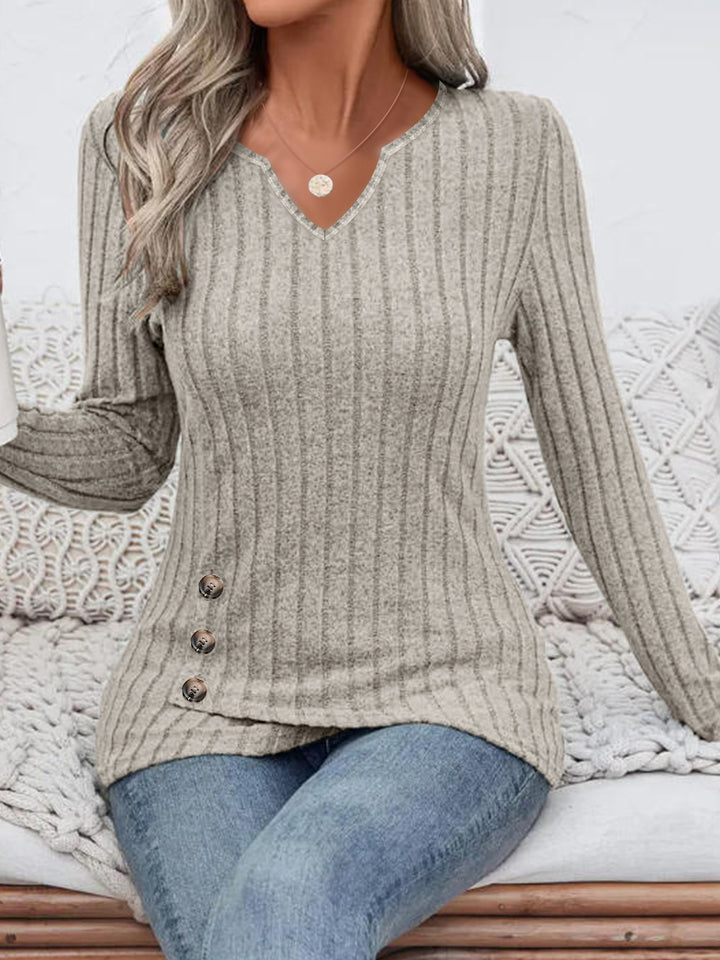 Damen Geripptes Longsleeve-Tunika mit V-Ausschnitt und seitlichen Zierknöpfen – Avérine
