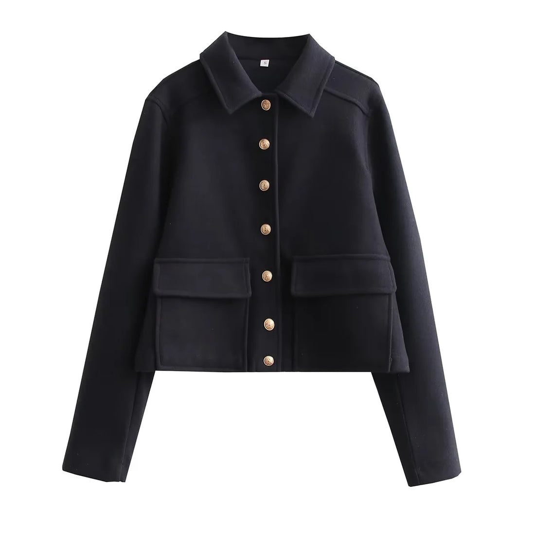 Damen kurzer Wollmix Overshirt mit aufgesetzten Klappentaschen und Zierknopfleiste – Célinea