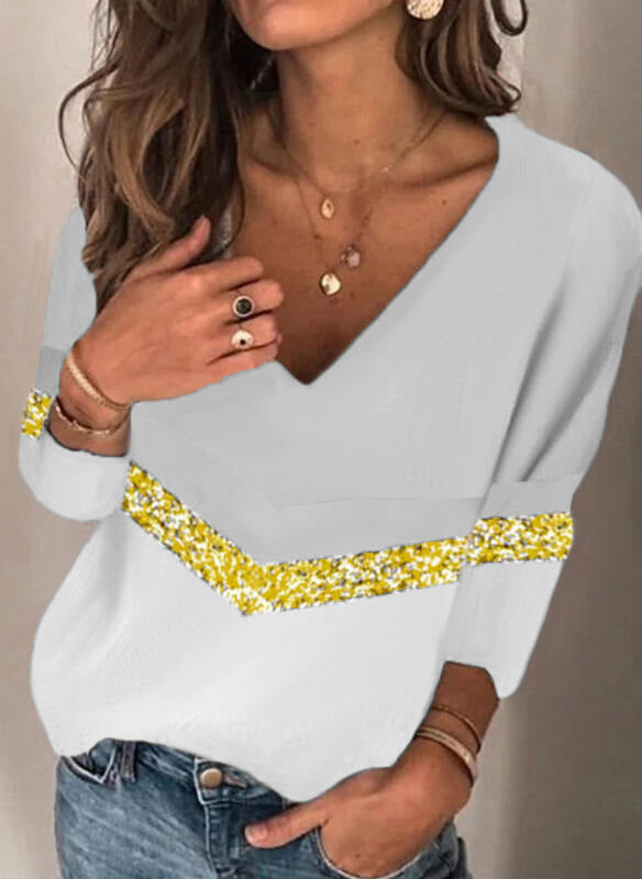 Damen Stylischer V-Ausschnitt Feinstrickpullover mit Glitzerband und Colorblock-Einsatz Echoarchiv