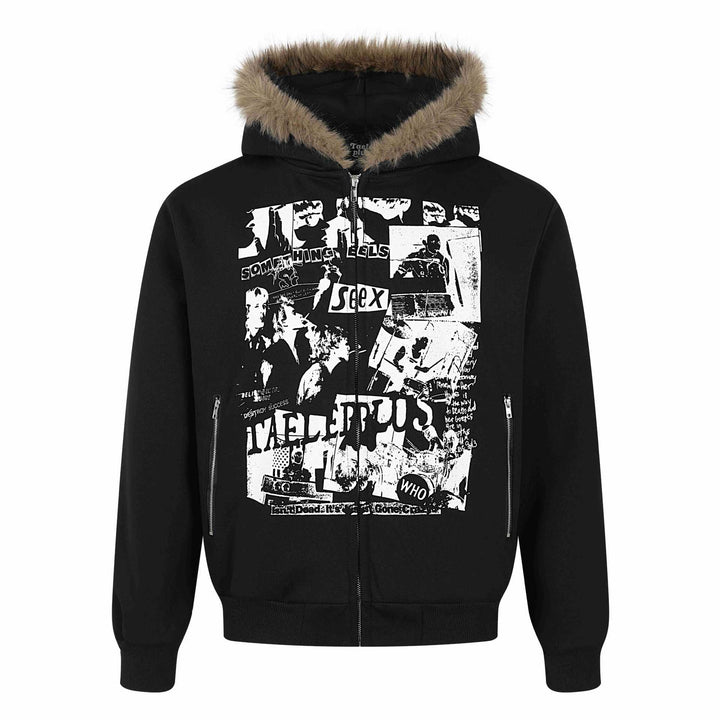 Damen Kapuzen‑Sweatjacke mit Kunstfellbesatz, Frontzip und Collage‑Print Echoarchiv