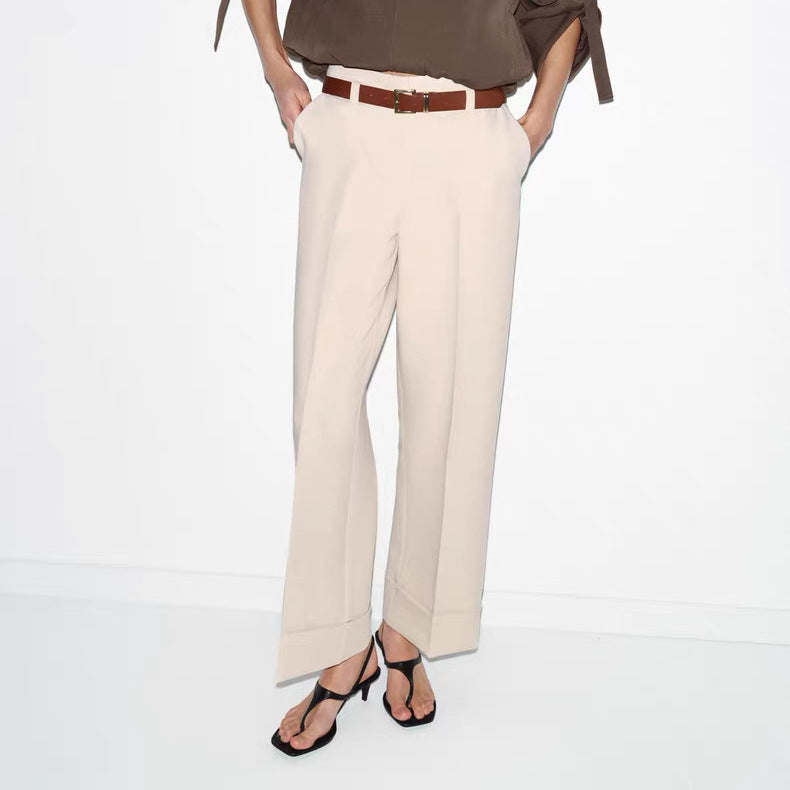Damen Weite High‑Waist‑Hose mit Umschlagsaum, Bügelfalte und Taillengürtel Echoarchiv